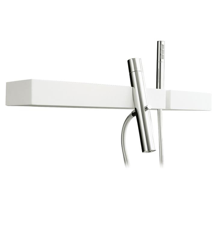 AQUABRASS ABFB51904PCWH BLOK 5 1/2 INCH SINGLE HOLE WALL MOUNT TUB FILLER WITH HANDSHOWER AND SHELF - POLISHED CHROME