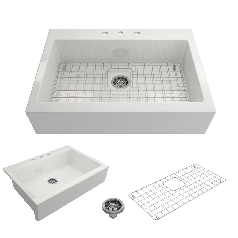 BOCCHI 1500-0127 NUOVA 34 INCH APRON FRONT DROP-IN FIRECLAY SINGLE BOWL KITCHEN SINK WITH PROTECTIVE BOTTOM GRID AND STRAINER