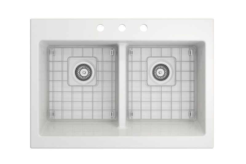 BOCCHI 1501-0127 NUOVA 34 INCH APRON FRONT DROP-IN FIRECLAY 50/50 DOUBLE BOWL KITCHEN SINK WITH PROTECTIVE BOTTOM GRIDS AND STRAINER