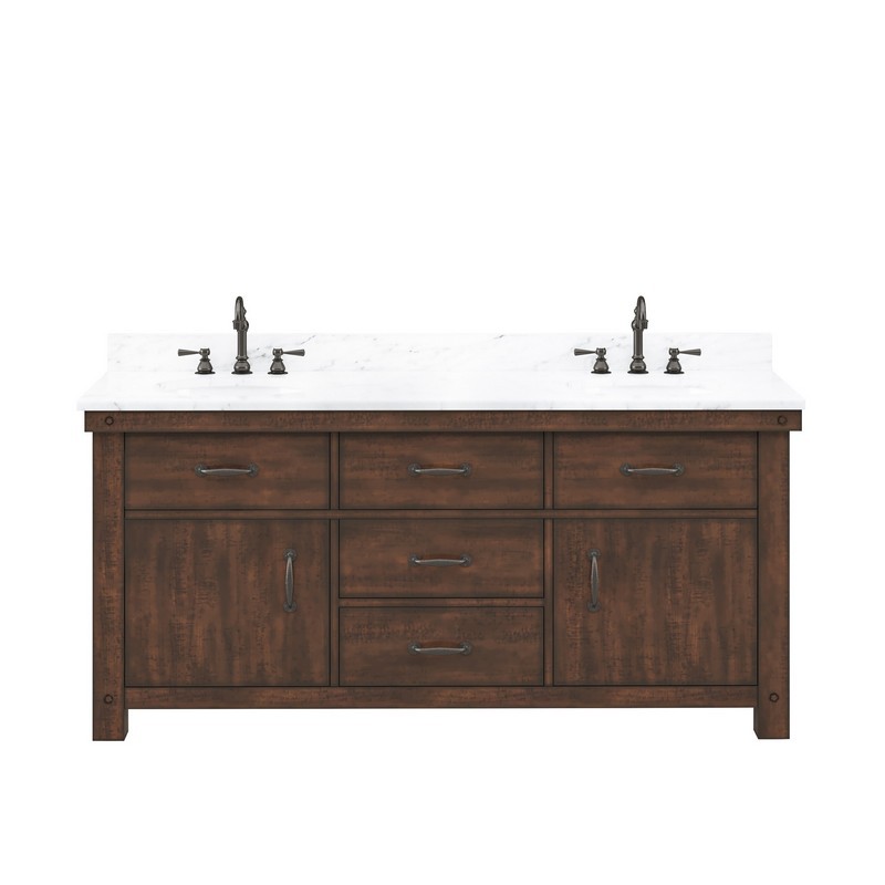 WATER-CREATION AB72CW03RS-000TL1203 ABERDEEN 72 INCH DOUBLE SINK CARRARA WHITE MARBLE COUNTERTOP VANITY IN RUSTIC SIERRA WITH HOOK FAUCETS