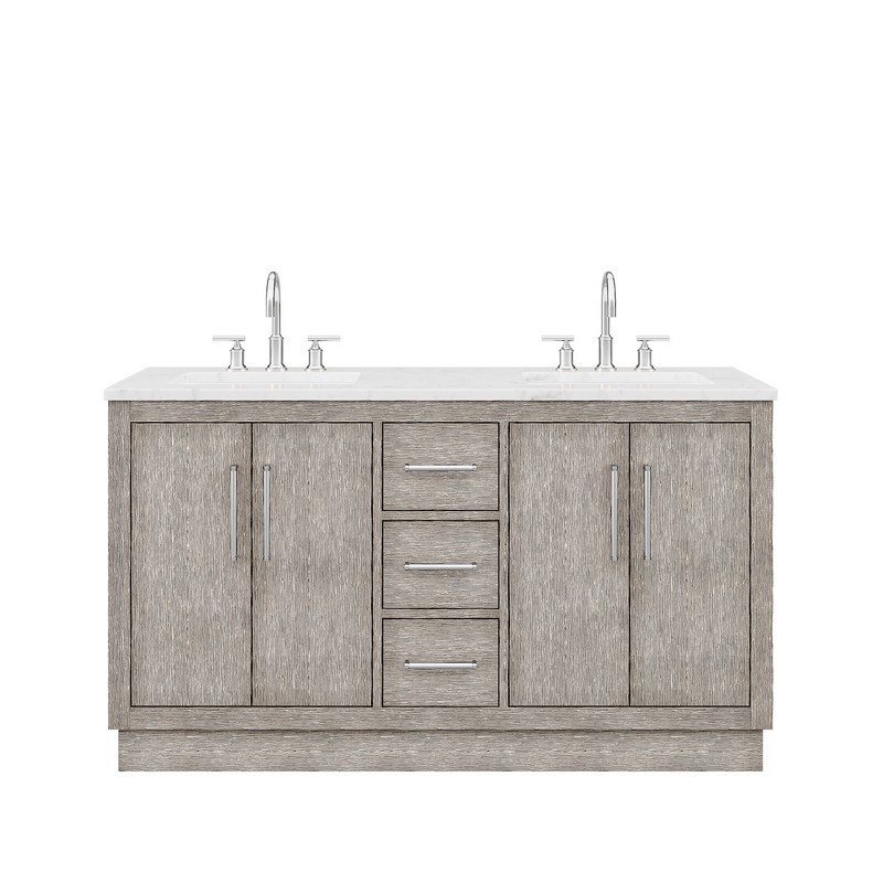 WATER-CREATION HU60CW01GK-000BL1401 HUGO 60 INCH DOUBLE SINK CARRARA WHITE MARBLE COUNTERTOP VANITY IN GREY OAK WITH GOOSENECK FAUCETS
