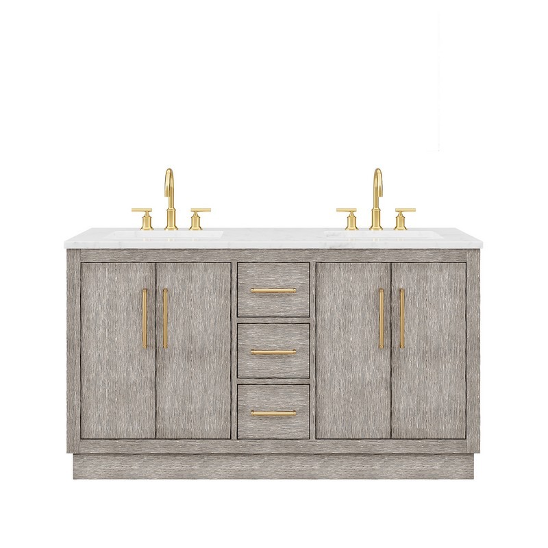 WATER-CREATION HU60CW06GK-000BL1406 HUGO 60 INCH DOUBLE SINK CARRARA WHITE MARBLE COUNTERTOP VANITY IN GREY OAK WITH GOOSENECK FAUCETS