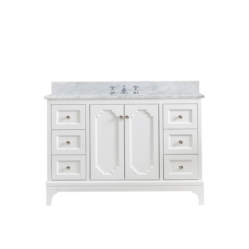 WATER-CREATION QU48CW05PW-000000000 QUEEN 48 INCH SINGLE SINK CARRARA WHITE MARBLE COUNTERTOP VANITY IN PURE WHITE