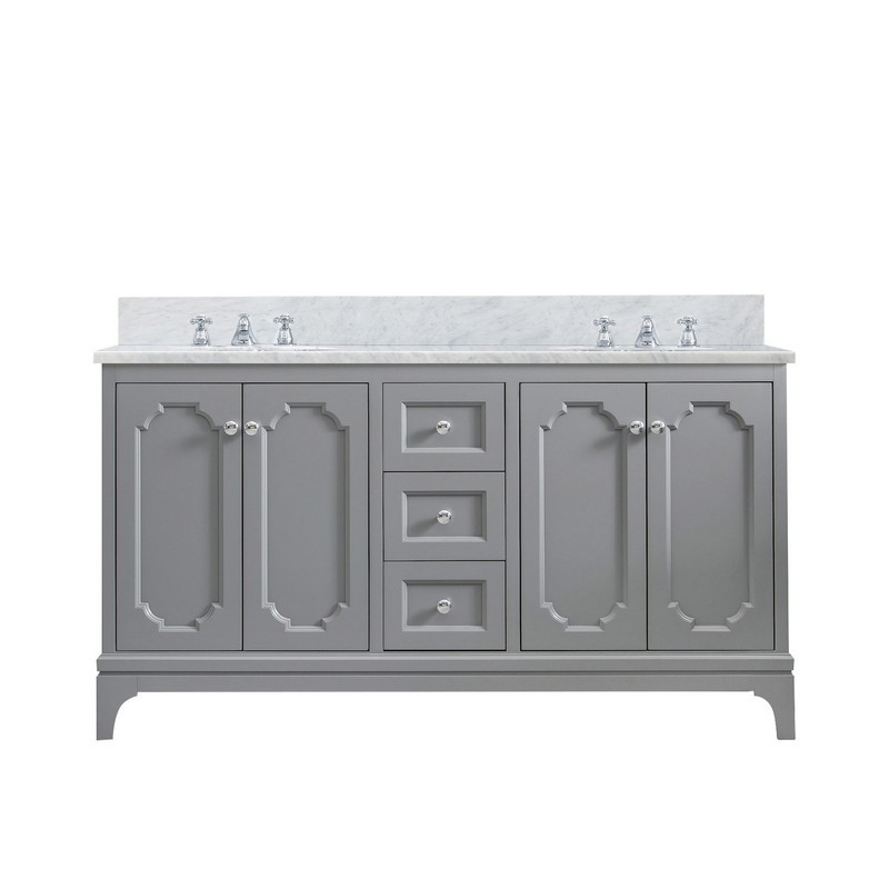 WATER-CREATION QU60CW01CG-000000000 QUEEN 60 INCH DOUBLE SINK CARRARA WHITE MARBLE COUNTERTOP VANITY IN CASHMERE GREY