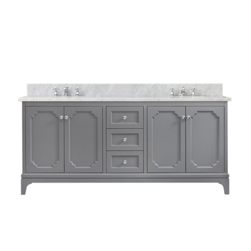 WATER-CREATION QU72CW01CG-000000000 QUEEN 72 INCH DOUBLE SINK CARRARA WHITE MARBLE COUNTERTOP VANITY IN CASHMERE GREY