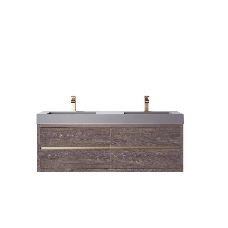 VINNOVA 703160M-NC-GR-NM PALENCIA 59 3/4 INCH DOUBLE SINK WALL-MOUNT BATH VANITY IN NORTH CAROLINA OAK WITH GREY COMPOSITE INTEGRAL SQUARE SINK TOP