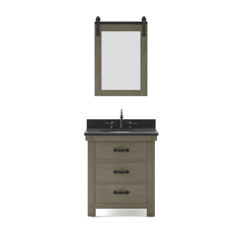 WATER-CREATION AB30BL03GG-P24TL1203 ABERDEEN 30 INCH SINGLE SINK BLUE LIMESTONE COUNTERTOP VANITY IN GRIZZLE GRAY WITH HOOK FAUCET AND MIRROR