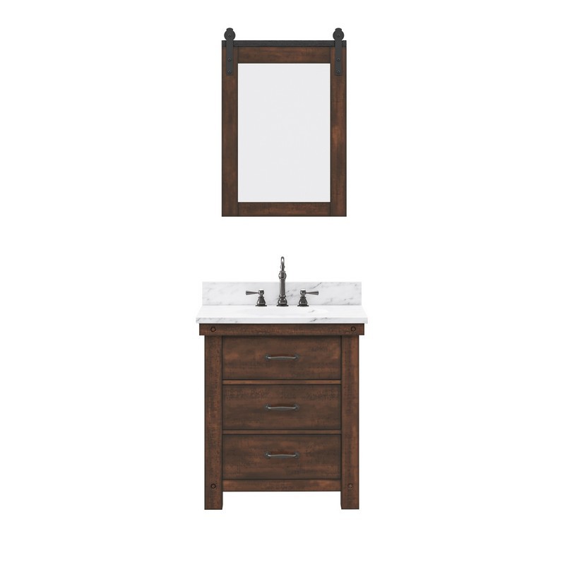 WATER-CREATION AB30CW03RS-P24TL1203 ABERDEEN 30 INCH SINGLE SINK CARRARA WHITE MARBLE COUNTERTOP VANITY IN RUSTIC SIERRA WITH HOOK FAUCET AND MIRROR