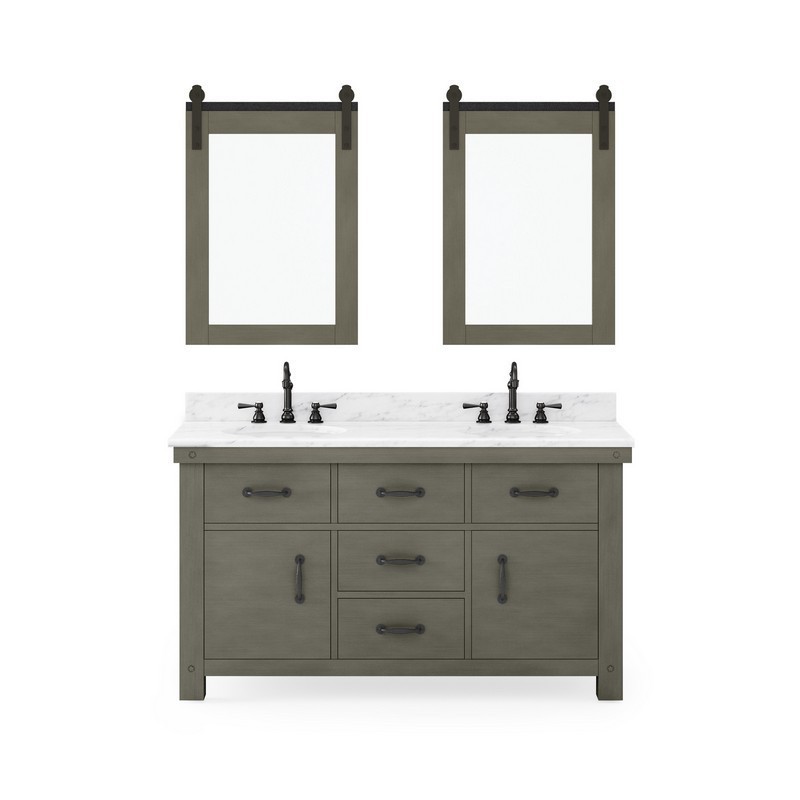 WATER-CREATION AB60CW03GG-P24TL1203 ABERDEEN 60 INCH DOUBLE SINK CARRARA WHITE MARBLE COUNTERTOP VANITY IN GRIZZLE GRAY WITH HOOK FAUCETS AND MIRROR