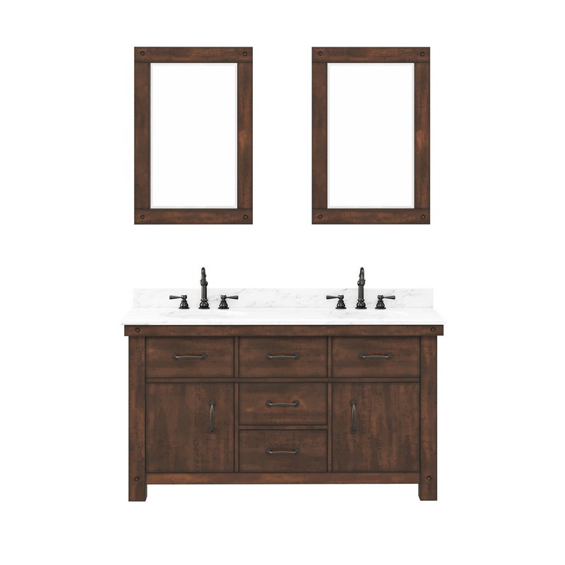 WATER-CREATION AB60CW03RS-A24000000 ABERDEEN 60 INCH DOUBLE SINK CARRARA WHITE MARBLE COUNTERTOP VANITY IN RUSTIC SIERRA WITH MIRRORS
