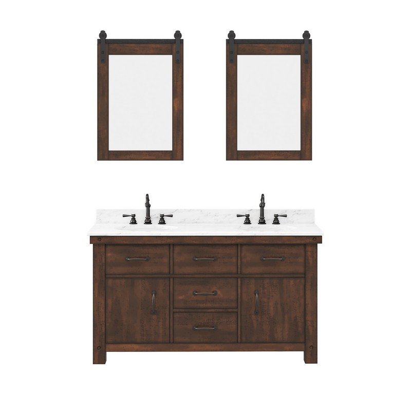 WATER-CREATION AB60CW03RS-P24000000 ABERDEEN 60 INCH DOUBLE SINK CARRARA WHITE MARBLE COUNTERTOP VANITY IN RUSTIC SIERRA WITH MIRRORS