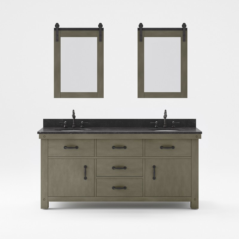 WATER-CREATION AB72BL03GG-P24TL1203 ABERDEEN 72 INCH DOUBLE SINK BLUE LIMESTONE COUNTERTOP VANITY IN GRIZZLE GRAY WITH HOOK FAUCET AND MIRROR
