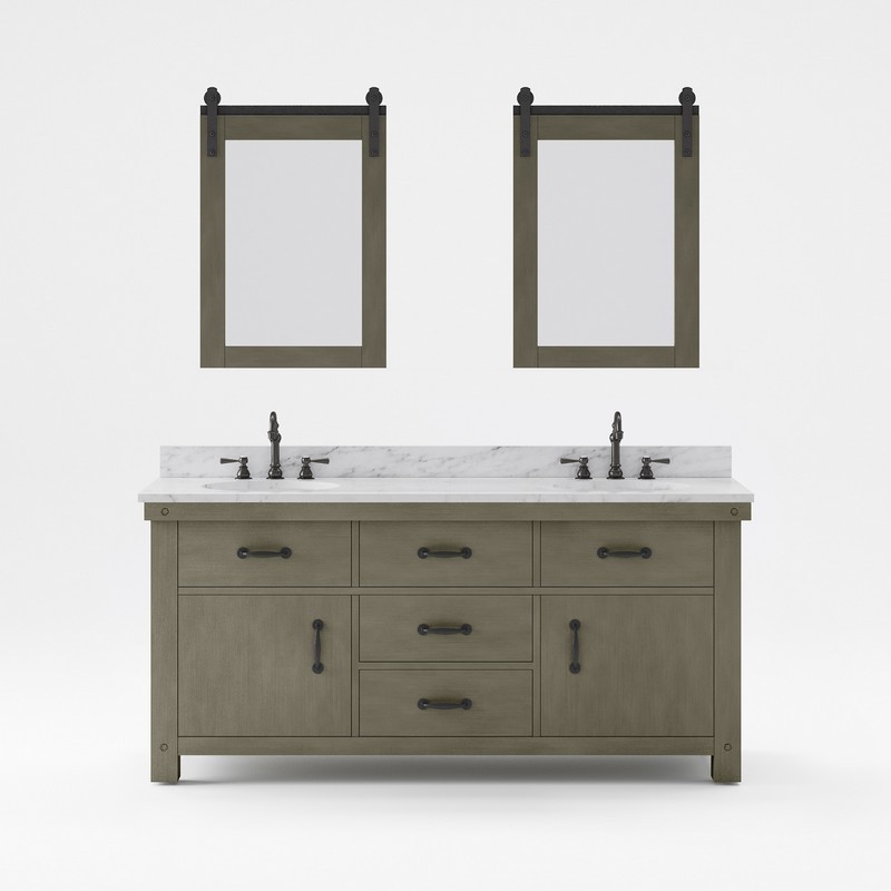 WATER-CREATION AB72CW03GG-P24000000 ABERDEEN 72 INCH DOUBLE SINK CARRARA WHITE MARBLE COUNTERTOP VANITY IN GRIZZLE GRAY WITH MIRROR