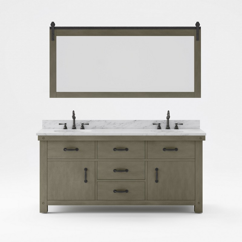 WATER-CREATION AB72CW03GG-P72TL1203 ABERDEEN 72 INCH DOUBLE SINK CARRARA WHITE MARBLE COUNTERTOP VANITY IN GRIZZLE GRAY WITH HOOK FAUCETS AND MIRROR
