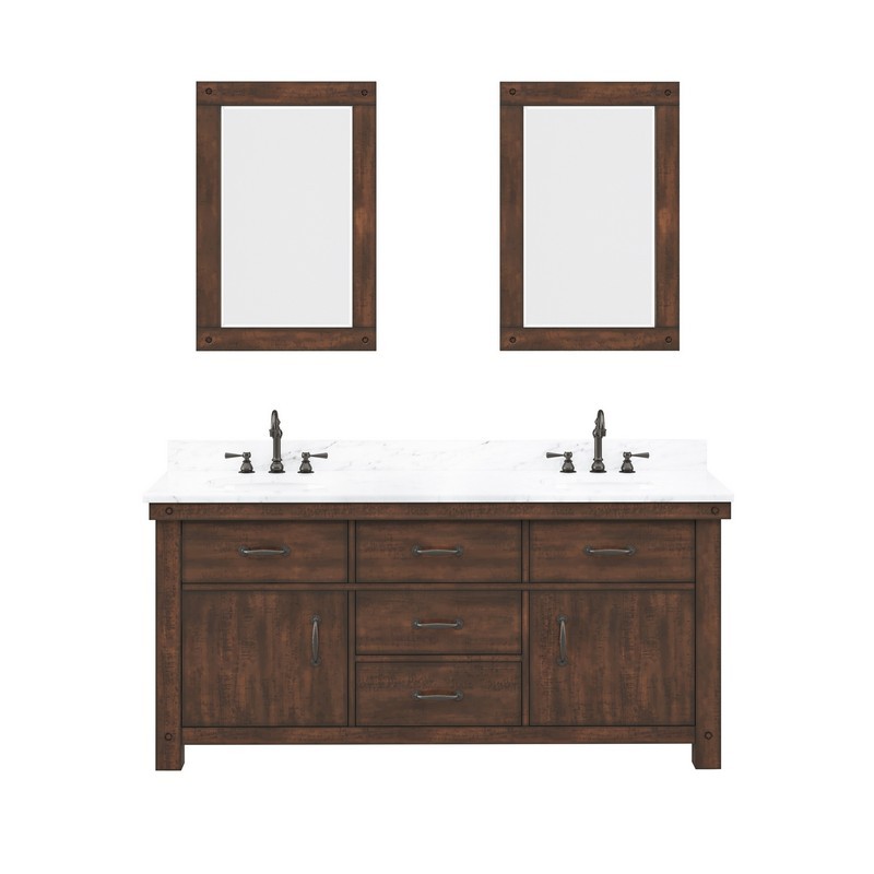 WATER-CREATION AB72CW03RS-A24TL1203 ABERDEEN 72 INCH DOUBLE SINK CARRARA WHITE MARBLE COUNTERTOP VANITY IN RUSTIC SIERRA WITH HOOK FAUCETS AND MIRRORS