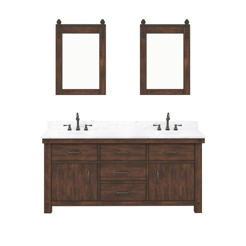 WATER-CREATION AB72CW03RS-P24TL1203 ABERDEEN 72 INCH DOUBLE SINK CARRARA WHITE MARBLE COUNTERTOP VANITY IN RUSTIC SIERRA WITH HOOK FAUCETS AND MIRRORS