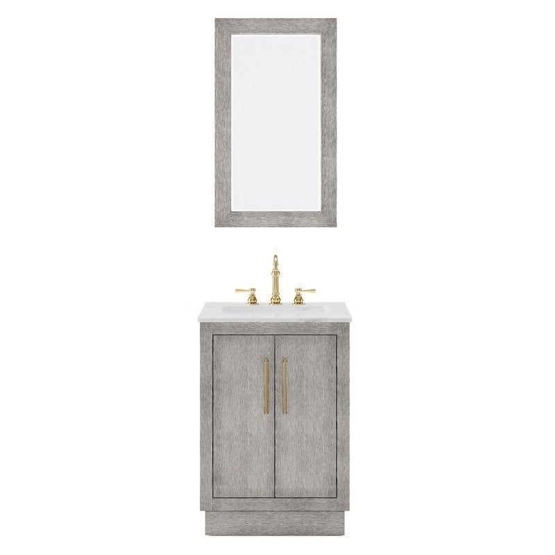 WATER-CREATION HU24CW06GK-R21TL1206 HUGO 24 INCH SINGLE SINK CARRARA WHITE MARBLE COUNTERTOP VANITY IN GREY OAK WITH HOOK FAUCET AND MIRROR