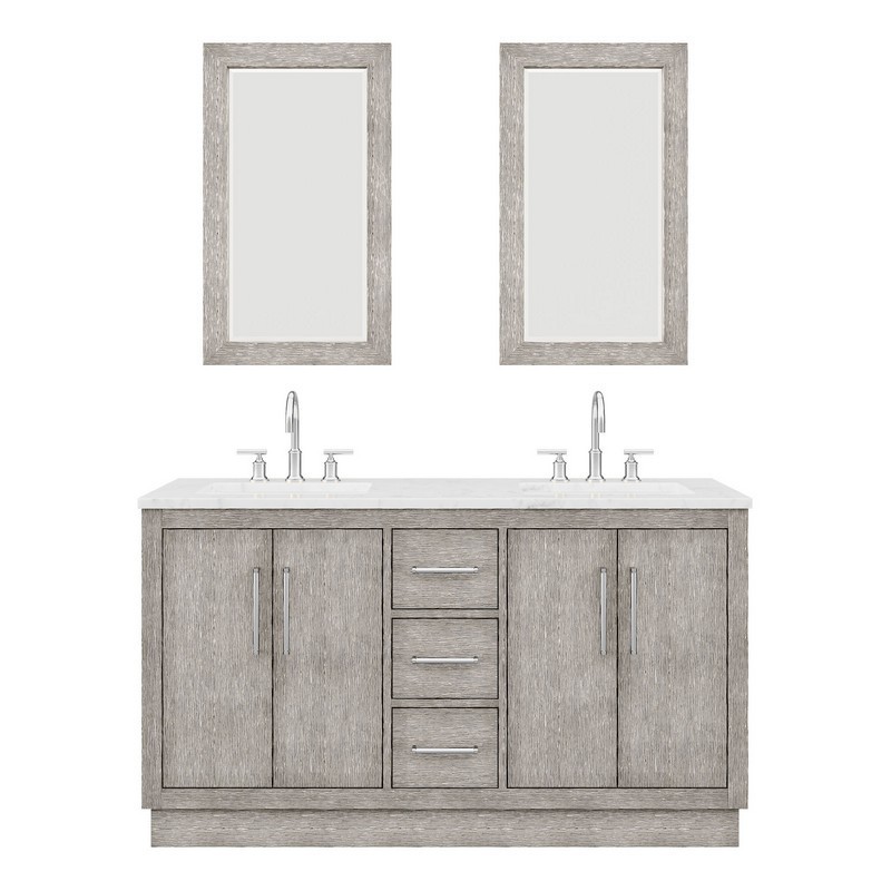 WATER-CREATION HU60CW01GK-R21BL1401 HUGO 60 INCH DOUBLE SINK CARRARA WHITE MARBLE COUNTERTOP VANITY IN GREY OAK WITH GOOSENECK FAUCETS AND MIRRORS