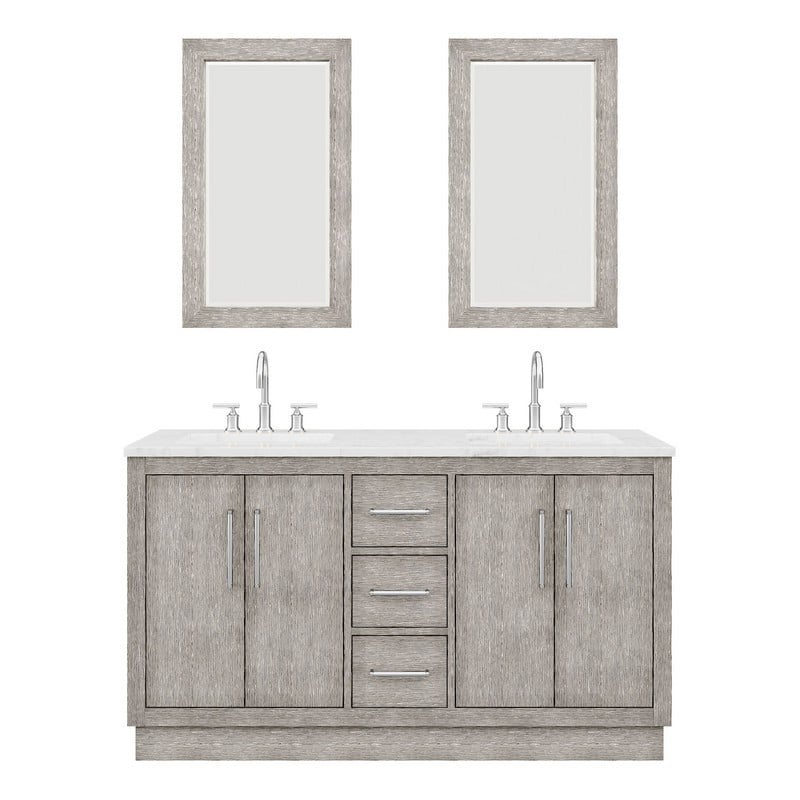 WATER-CREATION HU60CW01GK-R21BL1401 HUGO 60 INCH DOUBLE SINK CARRARA WHITE MARBLE COUNTERTOP VANITY IN GREY OAK WITH GOOSENECK FAUCETS AND MIRRORS