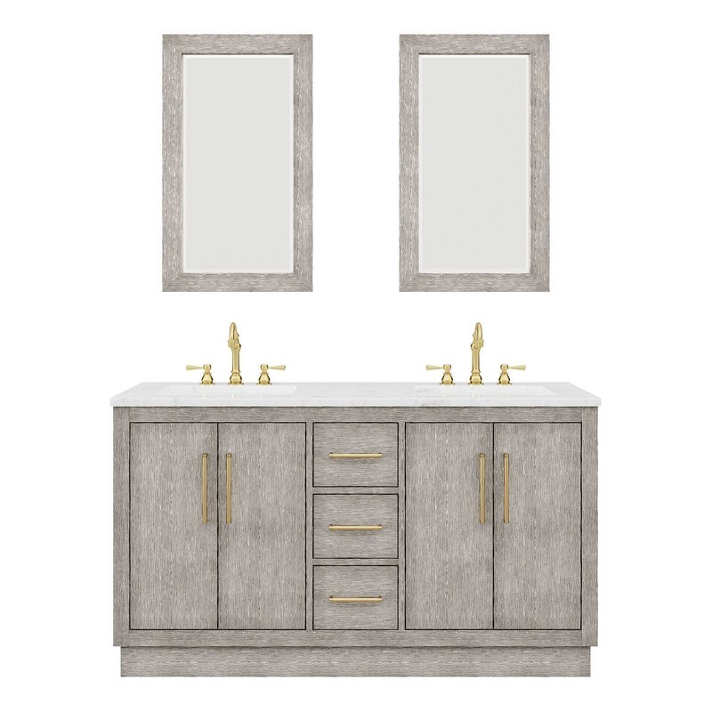 WATER-CREATION HU60CW06GK-R21TL1206 HUGO 60 INCH DOUBLE SINK CARRARA WHITE MARBLE COUNTERTOP VANITY IN GREY OAK WITH HOOK FAUCETS AND MIRRORS