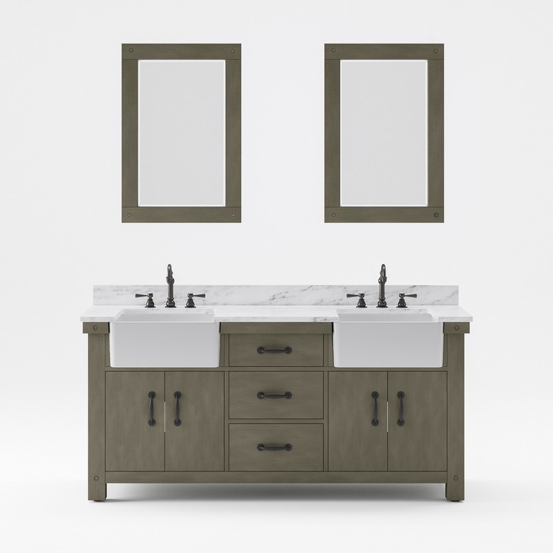 WATER-CREATION PY72CW03GG-A24TL1203 PAISLEY 72 INCH DOUBLE SINK CARRARA WHITE MARBLE COUNTERTOP VANITY IN GRIZZLE GRAY WITH HOOK FAUCET AND MIRROR