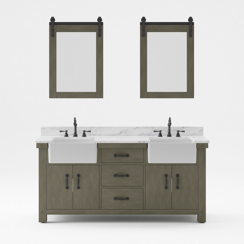 WATER-CREATION PY72CW03GG-P24TL1203 PAISLEY 72 INCH DOUBLE SINK CARRARA WHITE MARBLE COUNTERTOP VANITY IN GRIZZLE GRAY WITH HOOK FAUCET AND MIRROR