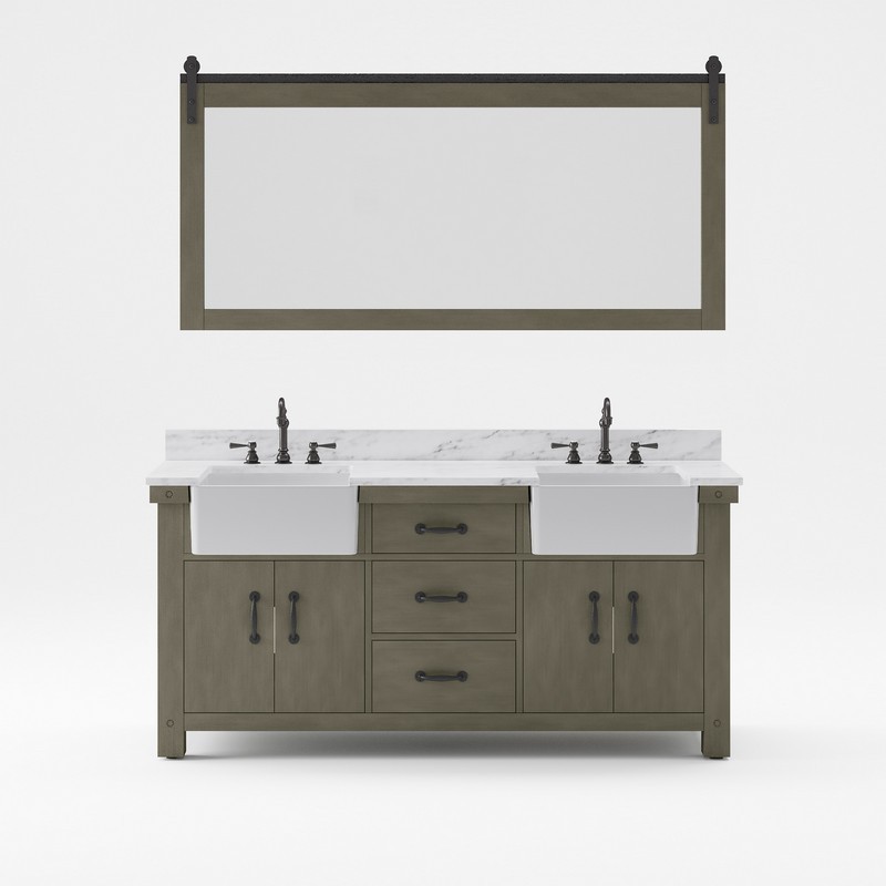 WATER-CREATION PY72CW03GG-P72000000 PAISLEY 72 INCH DOUBLE SINK CARRARA WHITE MARBLE COUNTERTOP VANITY IN GRIZZLE GRAY WITH MIRROR