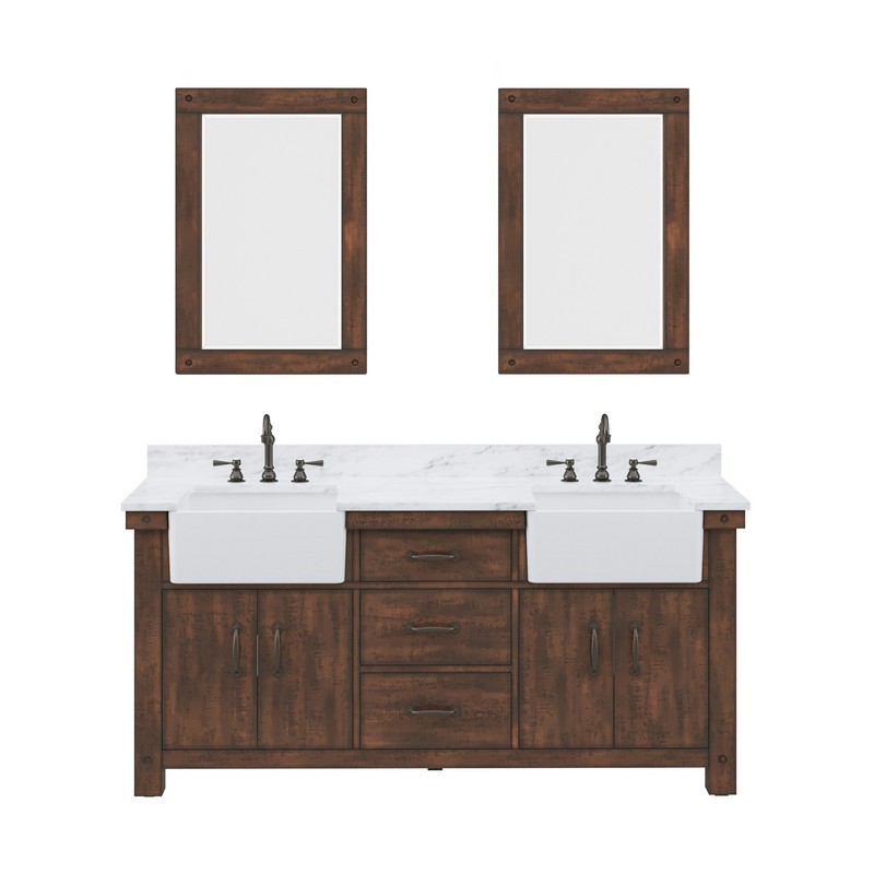 WATER-CREATION PY72CW03RS-A24000000 PAISLEY 72 INCH DOUBLE SINK CARRARA WHITE MARBLE COUNTERTOP VANITY IN RUSTIC SIENNA WITH MIRROR