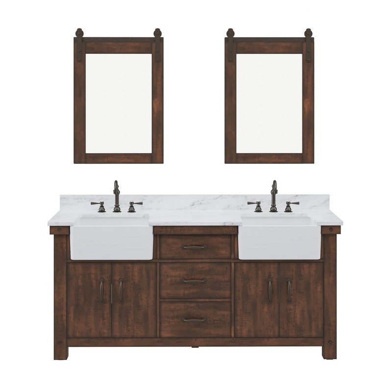 WATER-CREATION PY72CW03RS-P24000000 PAISLEY 72 INCH DOUBLE SINK CARRARA WHITE MARBLE COUNTERTOP VANITY IN RUSTIC SIENNA WITH MIRROR