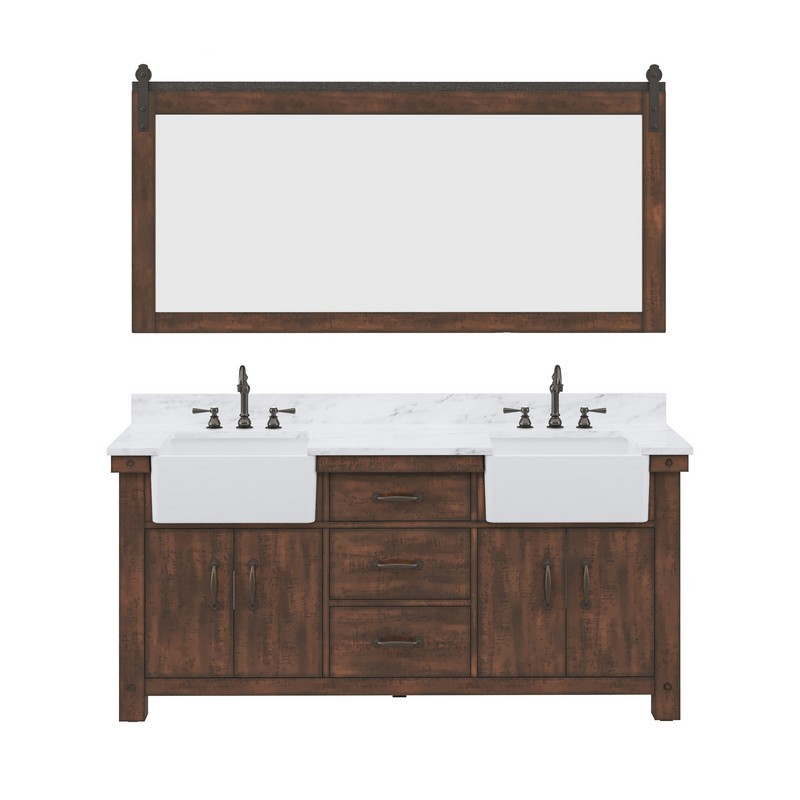WATER-CREATION PY72CW03RS-P72TL1203 PAISLEY 72 INCH DOUBLE SINK CARRARA WHITE MARBLE COUNTERTOP VANITY IN RUSTIC SIENNA WITH HOOK FAUCET AND MIRROR
