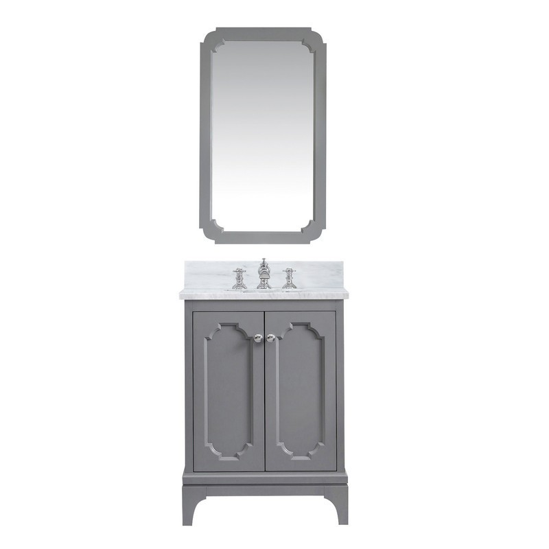 WATER-CREATION QU24CW01CG-Q21FX1301 QUEEN 24 INCH SINGLE SINK CARRARA WHITE MARBLE COUNTERTOP VANITY IN CASHMERE GREY WITH WATERFALL FAUCET AND MIRROR