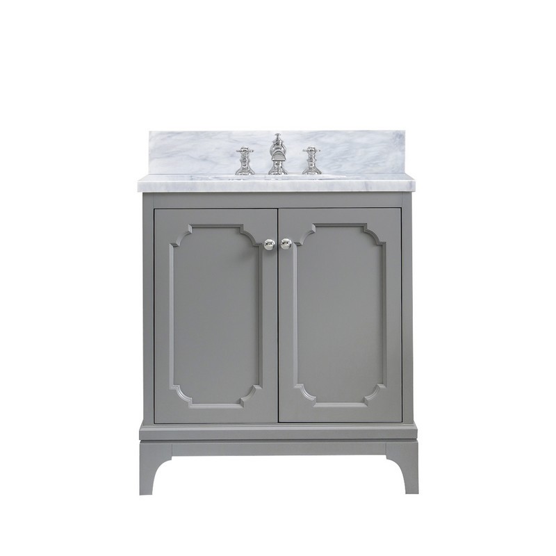WATER-CREATION QU30CW01CG-000FX1301 QUEEN 30 INCH SINGLE SINK CARRARA WHITE MARBLE COUNTERTOP VANITY IN CASHMERE GREY WITH WATERFALL FAUCET