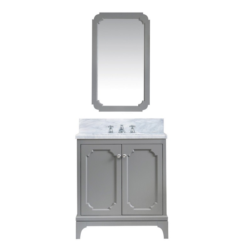 WATER-CREATION QU30CW01CG-Q21000000 QUEEN 30 INCH SINGLE SINK CARRARA WHITE MARBLE COUNTERTOP VANITY IN CASHMERE GREY WITH MIRROR