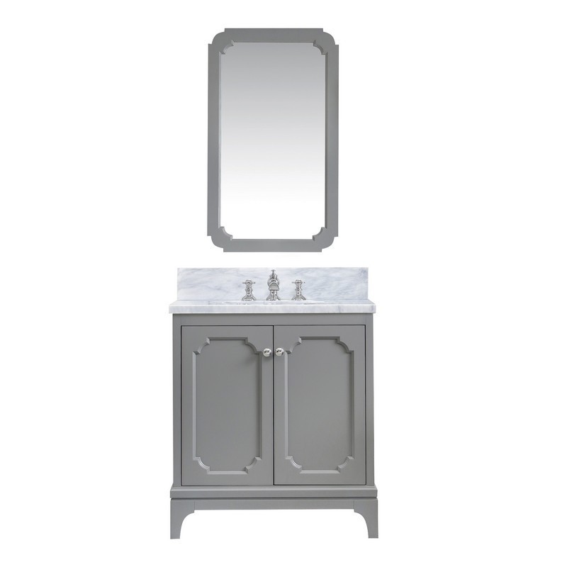 WATER-CREATION QU30CW01CG-Q21FX1301 QUEEN 30 INCH SINGLE SINK CARRARA WHITE MARBLE COUNTERTOP VANITY IN CASHMERE GREY WITH WATERFALL FAUCET AND MIRROR