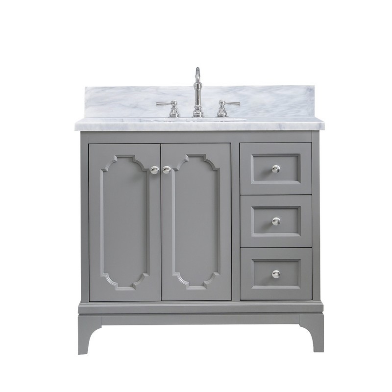 WATER-CREATION QU36CW01CG-000TL1201 QUEEN 36 INCH SINGLE SINK CARRARA WHITE MARBLE COUNTERTOP VANITY IN CASHMERE GREY WITH HOOK FAUCET