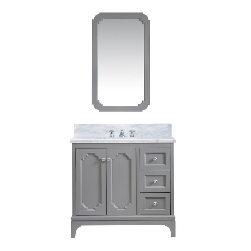 WATER-CREATION QU36CW01CG-Q21000000 QUEEN 36 INCH SINGLE SINK CARRARA WHITE MARBLE COUNTERTOP VANITY IN CASHMERE GREY WITH MIRROR