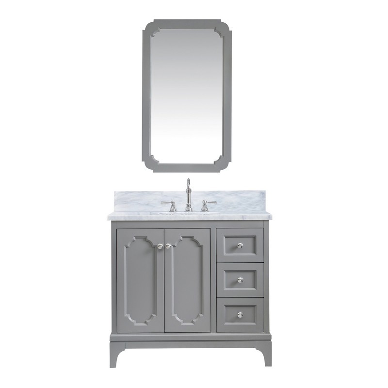 WATER-CREATION QU36CW01CG-Q21TL1201 QUEEN 36 INCH SINGLE SINK CARRARA WHITE MARBLE COUNTERTOP VANITY IN CASHMERE GREY WITH HOOK FAUCET AND MIRROR