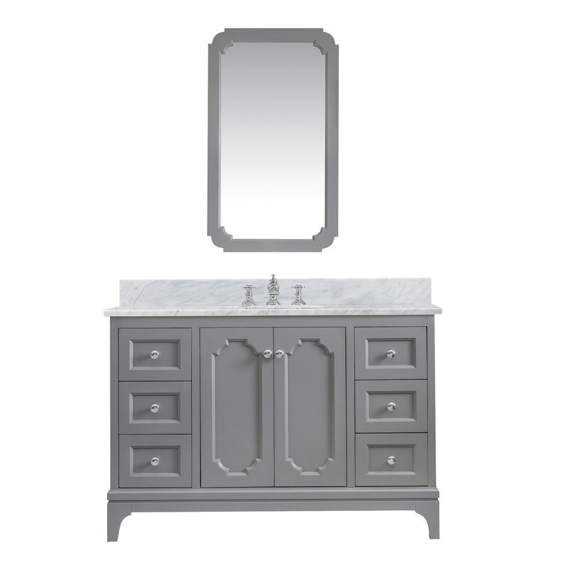 WATER-CREATION QU48CW01CG-Q21FX1301 QUEEN 48 INCH SINGLE SINK CARRARA WHITE MARBLE COUNTERTOP VANITY IN CASHMERE GREY WITH WATERFALL FAUCET AND MIRROR