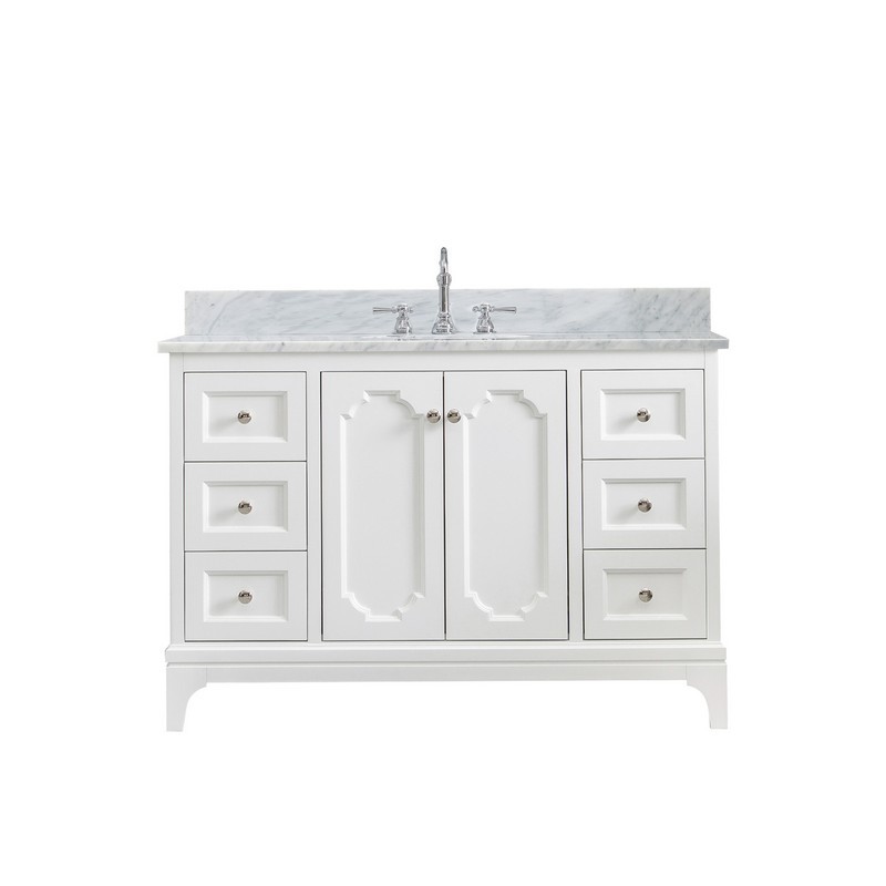 WATER-CREATION QU48CW05PW-000TL1205 QUEEN 48 INCH SINGLE SINK CARRARA WHITE MARBLE COUNTERTOP VANITY IN PURE WHITE WITH HOOK FAUCET