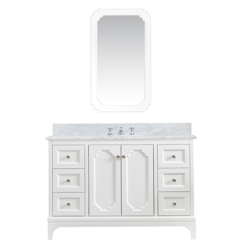 WATER-CREATION QU48CW05PW-Q21000000 QUEEN 48 INCH SINGLE SINK CARRARA WHITE MARBLE COUNTERTOP VANITY IN PURE WHITE WITH MIRROR