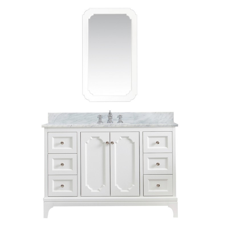 WATER-CREATION QU48CW05PW-Q21FX1305 QUEEN 48 INCH SINGLE SINK CARRARA WHITE MARBLE COUNTERTOP VANITY IN PURE WHITE WITH WATERFALL FAUCET AND MIRROR