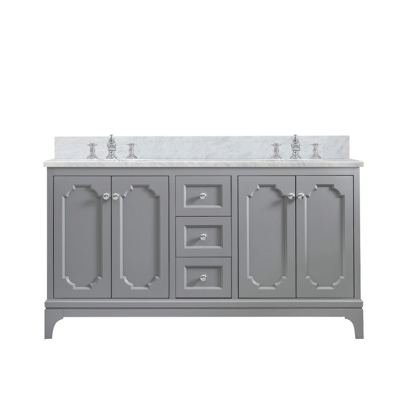 WATER-CREATION QU60CW01CG-000FX1301 QUEEN 60 INCH DOUBLE SINK CARRARA WHITE MARBLE COUNTERTOP VANITY IN CASHMERE GREY WITH WATERFALL FAUCETS