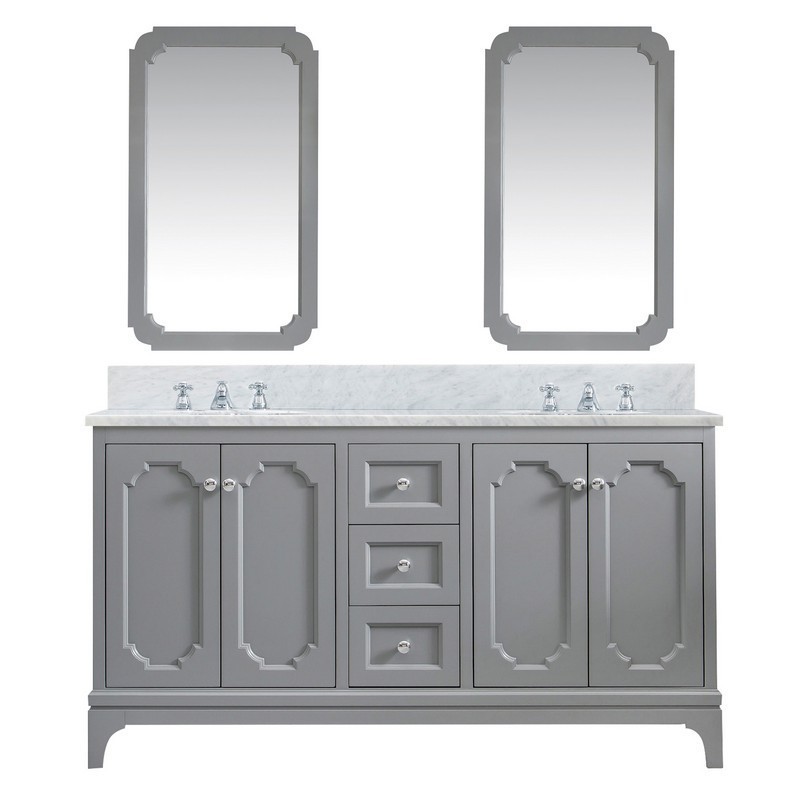 WATER-CREATION QU60CW01CG-Q21000000 QUEEN 60 INCH DOUBLE SINK CARRARA WHITE MARBLE COUNTERTOP VANITY IN CASHMERE GREY WITH MIRRORS