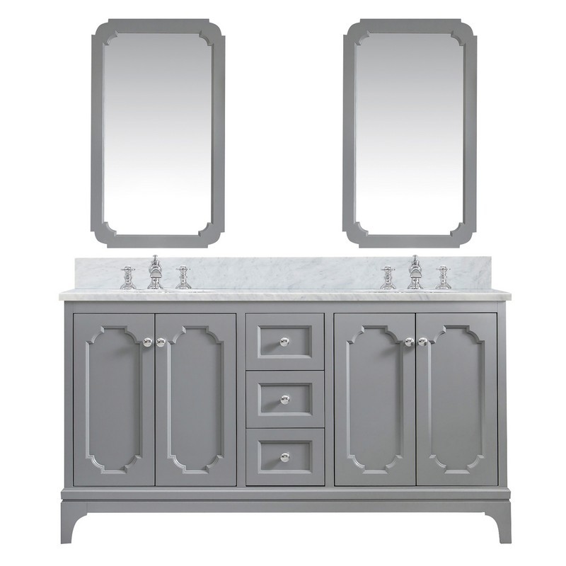 WATER-CREATION QU60CW01CG-Q21FX1301 QUEEN 60 INCH DOUBLE SINK CARRARA WHITE MARBLE COUNTERTOP VANITY IN CASHMERE GREY WITH WATERFALL FAUCETS AND MIRRORS