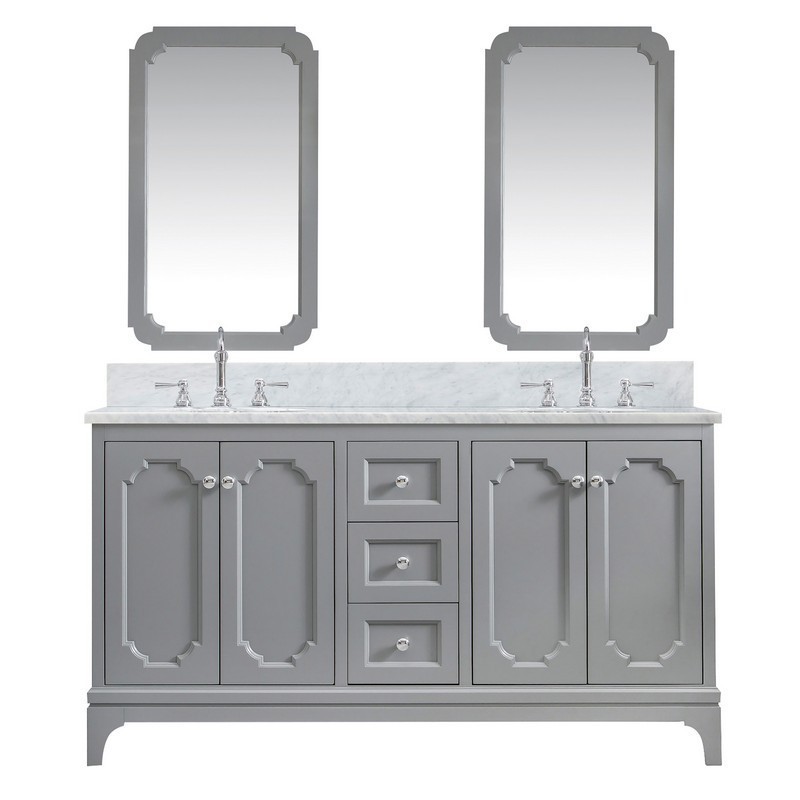 WATER-CREATION QU60CW01CG-Q21TL1201 QUEEN 60 INCH DOUBLE SINK CARRARA WHITE MARBLE COUNTERTOP VANITY IN CASHMERE GREY WITH HOOK FAUCETS AND MIRRORS