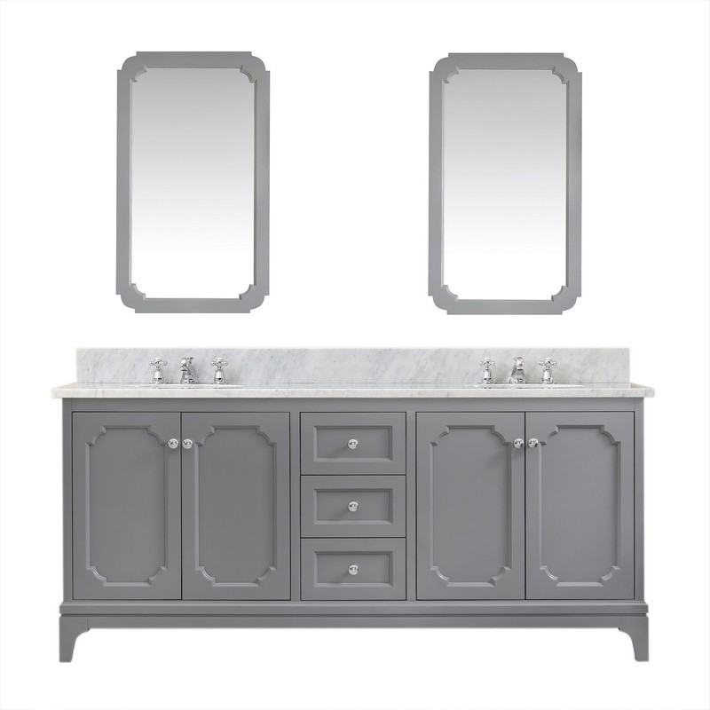WATER-CREATION QU72CW01CG-Q21000000 QUEEN 72 INCH DOUBLE SINK CARRARA WHITE MARBLE COUNTERTOP VANITY IN CASHMERE GREY WITH MIRRORS