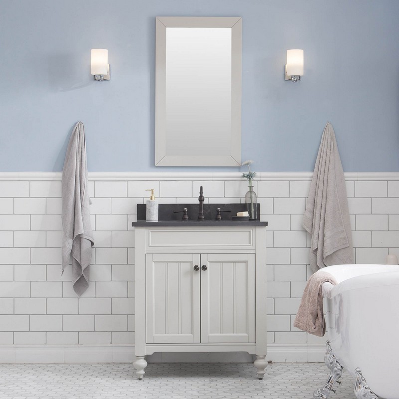 WATER-CREATION PO30BL03EG-R24TL1203 POTENZA 30 INCH BATHROOM VANITY IN EARL GREY WITH BLUE LIMESTONE TOP WITH FAUCET AND MIRROR