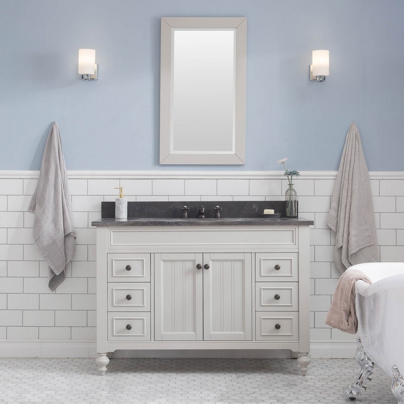 WATER-CREATION PO48BL03EG-R24BX0903 POTENZA 48 INCH BATHROOM VANITY IN EARL GREY WITH BLUE LIMESTONE TOP WITH FAUCET AND MIRROR