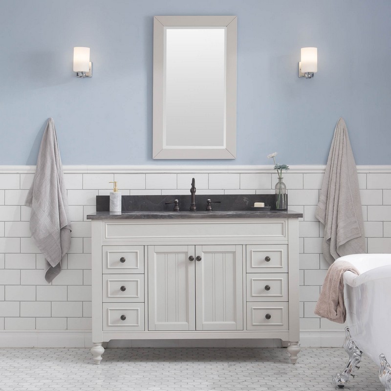 WATER-CREATION PO48BL03EG-R24TL1203 POTENZA 48 INCH BATHROOM VANITY IN EARL GREY WITH BLUE LIMESTONE TOP WITH FAUCET AND MIRROR