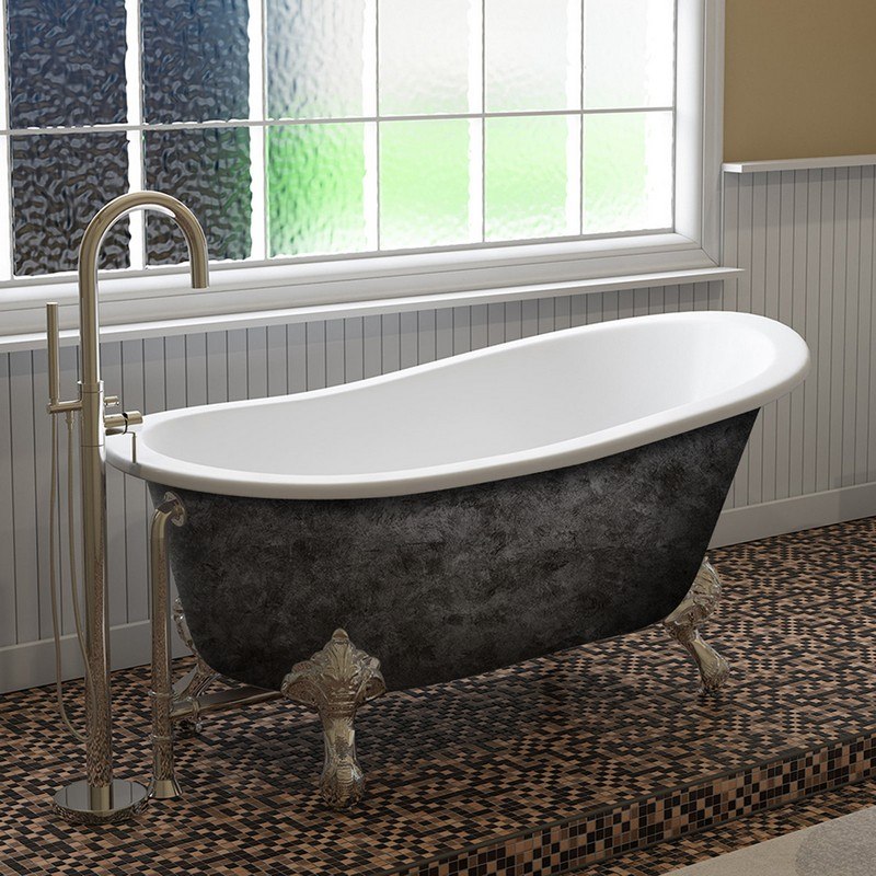 CAMBRIDGE PLUMBING ST61-H-SP SCORCHED PLATINUM 61 INCH X 30 INCH CAST IRON SLIPPER BATHTUB WITH INCH NO FAUCET HOLES AND POLISHED CHROME BALL AND CLAW FEET